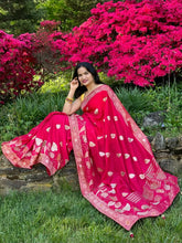 Load image into Gallery viewer, Dark pink chinnon Silk Saree with embroidery work