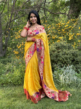 Load image into Gallery viewer, Yellow Munga Silk Saree with pythani border