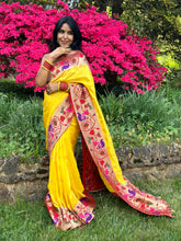 Load image into Gallery viewer, Yellow Munga Silk Saree with pythani border