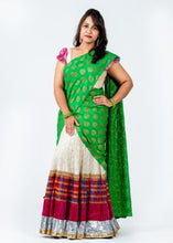 Load image into Gallery viewer, Off White Brocade Silk & Green Dupatta Lehenga/ Half Saree