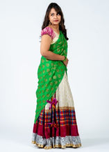 Load image into Gallery viewer, Off White Brocade Silk & Green Dupatta Lehenga/ Half Saree