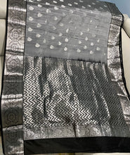 Load image into Gallery viewer, Gray and black combo soft silk Saree with Work Blouse