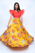 Load image into Gallery viewer, Orange Frill blouse With Mustard yellow Floral Lehenga