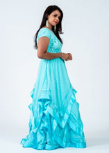 Load image into Gallery viewer, Blue Asymmetrical Soft Net Hand Embroidered Maxi Dress