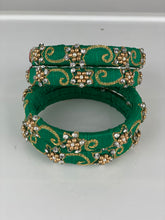 Load image into Gallery viewer, Green color zardosi and pearl Raw Silk Bangles Set of 4