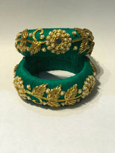 Load image into Gallery viewer, Green Zardosi Work Broad Raw Silk Bangles