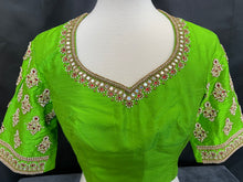 Load image into Gallery viewer, Parrot green pearl maggam Work Raw Silk