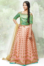 Load image into Gallery viewer, Mint green crop top with peach lehanga set Girls