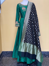 Load image into Gallery viewer, Dark green raw Silk Dress with Black Banarasi Dupatta