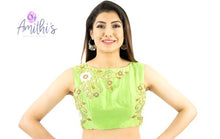 Load image into Gallery viewer, Parrot Green Raw Silk Zardozi Crop-Top Work Blouse