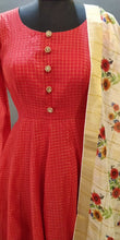 Load image into Gallery viewer, Red Zari Checks Chenderi Silk Long gown With Floral Dupatta