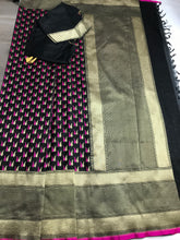 Load image into Gallery viewer, Black and Pink Banaras Silk Saree with Stitched Blouse