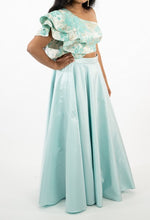 Load image into Gallery viewer, Blue Tafeta Silk Skirt With Metallic Print Floral Croptop Blouse Set