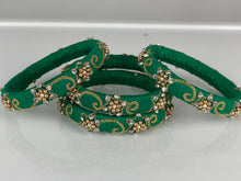Load image into Gallery viewer, Green color zardosi and pearl Raw Silk Bangles Set of 4
