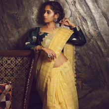 Load image into Gallery viewer, Yellow Check Saree With Bottle Green Banaras Silk Blouse
