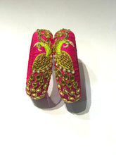 Load image into Gallery viewer, Pink Peacocks Design Zardosi Work Broad Raw Silk Bangles