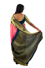Load image into Gallery viewer, Dark Pink and Navy blue combo Pure Silk Saree With Stitched Work Blouse