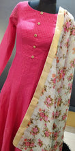 Load image into Gallery viewer, Pink Zari Checks Chenderi Silk Long gown With Floral Dupatta