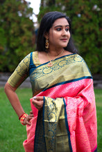 Load image into Gallery viewer, Dark Pink and Navy blue combo Pure Silk Saree With Stitched Work Blouse