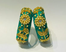 Load image into Gallery viewer, Green Zardosi Work Broad Raw Silk Bangles