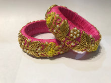 Load image into Gallery viewer, Pink & Yellow Zardosi Work Broad Raw Silk Bangles