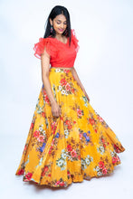 Load image into Gallery viewer, Orange Frill blouse With Mustard yellow Floral Lehenga