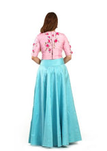 Load image into Gallery viewer, Blush Pink & Blue 3D Floral Work Crop Top set By Monk