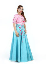 Load image into Gallery viewer, Blush Pink & Blue 3D Floral Work Crop Top set By Monk