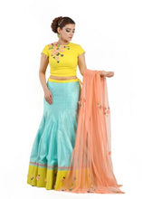 Load image into Gallery viewer, Lovely Yellow Crop Top With A Cyan Blue Long Skirt Set