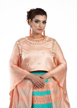 Load image into Gallery viewer, Peach Cape Top With Aqua Color Striped Skirt