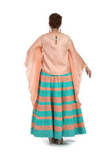 Load image into Gallery viewer, Peach Cape Top With Aqua Color Striped Skirt