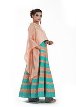 Load image into Gallery viewer, Peach Cape Top With Aqua Color Striped Skirt