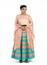 Load image into Gallery viewer, Peach Cape Top With Aqua Color Striped Skirt