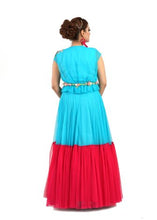 Load image into Gallery viewer, Beautiful Long Blue and Red Shimmer Net Dress Floral Style By Monk by Madhu