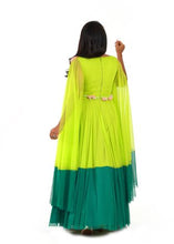 Load image into Gallery viewer, Parrot Green Long Frock With Long Cape Sleeve Designed By Monk