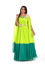 Load image into Gallery viewer, Parrot Green Long Frock With Long Cape Sleeve Designed By Monk