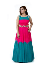 Load image into Gallery viewer, Pink and Blue Net 3D Work Long Dress by Monk by Madhu