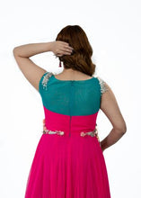 Load image into Gallery viewer, Pink and Blue Net 3D Work Long Dress by Monk by Madhu