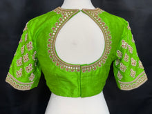 Load image into Gallery viewer, Parrot green pearl maggam Work Raw Silk