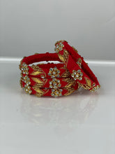 Load image into Gallery viewer, Red color Thin stone and pearl Raw Silk Bangles Set of 4