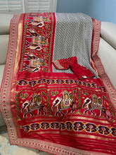 Load image into Gallery viewer, Light gray strips with red digital print embroidery border Saree with Stitched Blouse