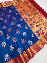 Load image into Gallery viewer, Blue & Red Color Combo Pure Silk Saree With Stitched Work Blouse
