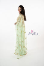 Load image into Gallery viewer, Sage Green Color Net Saree with golden embroidery Blouse