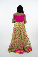 Load image into Gallery viewer, Pink Floral Raw Silk Work Blouse with Yellow Embroidery Floral Skirt