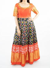 Load image into Gallery viewer, Orange & Black Pure Ikkat Silk Long Frock With Big Border