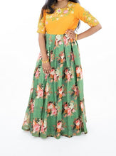 Load image into Gallery viewer, Mustard Yellow & Green Embroidery Floral Long Frock