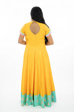 Load image into Gallery viewer, Mustard Yellow Raw Silk Long Frock With blue border