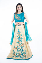 Load image into Gallery viewer, Cream & Blue Embroidery Art Silk Lehanga Set