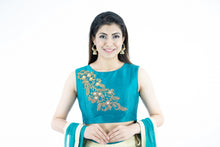 Load image into Gallery viewer, Cream & Blue Embroidery Art Silk Lehanga Set