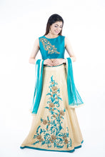 Load image into Gallery viewer, Cream & Blue Embroidery Art Silk Lehanga Set